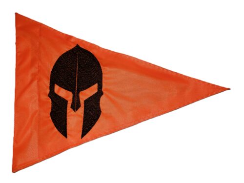 Spartan helmet safety flag with dense embroidered black warrior helmet graphic on orange nylon pennant with whip sleeve