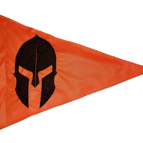Spartan helmet safety flag with dense embroidered black warrior helmet graphic on orange nylon pennant with whip sleeve