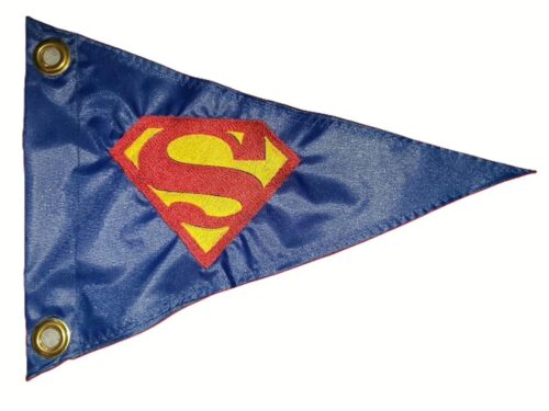 Superhero shield emblem safety flag with dense embroidered diamond S logo on nylon pennant with brass grommets