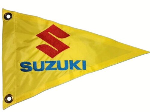 Suzuki safety flag with red embroidered S logo and electric blue Suzuki text on yellow nylon pennant with brass grommets