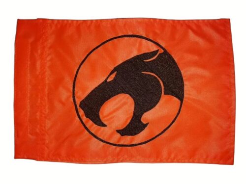 ThunderCats logo safety flag with dense embroidered roaring cat silhouette in circular emblem on nylon rectangle with whip sleeve