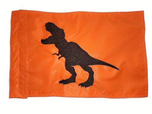 T-Rex dinosaur safety flag with dense embroidered black tyrannosaurus rex silhouette on vibrant orange nylon rectangle with whip sleeve