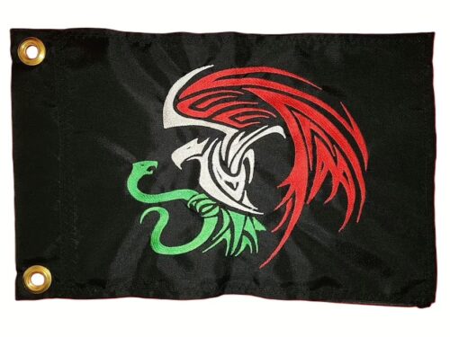 Mexican eagle safety flag with dense embroidered red, white, and green eagle and snake graphic on black nylon rectangle with solid brass grommets