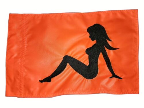 Mudflap Girl safety flag with black embroidered classic silhouette on orange nylon rectangle with whip sleeve
