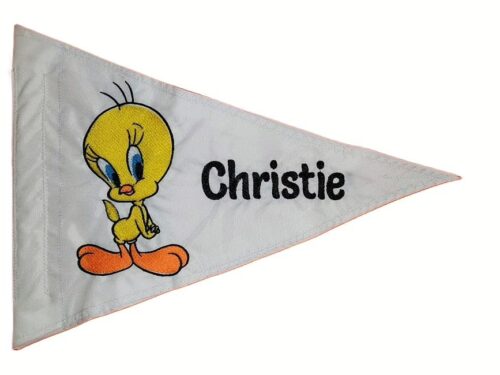 Tweety Bird safety flag with dense embroidered yellow canary and custom name Christie on nylon pennant with whip sleeve