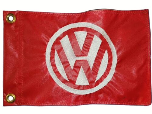 Volkswagen safety flag with embroidered white VW logo on red nylon rectangle with brass grommets