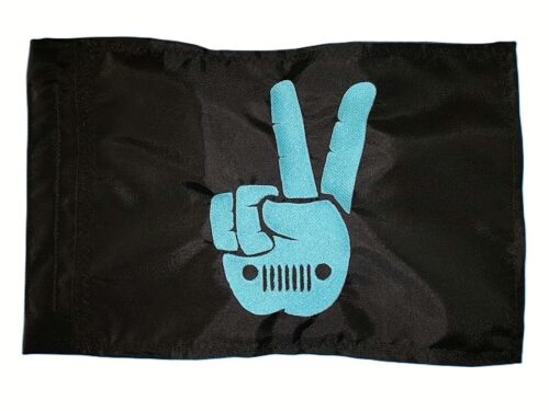 Jeep Wave safety flag with embroidered aqua blue peace sign hand and seven-slot grille on black nylon rectangle with whip sleeve