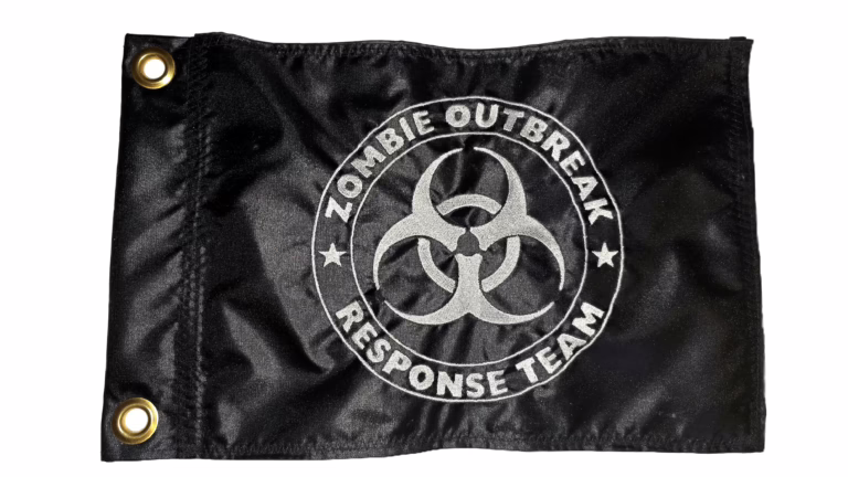 Zombie Outbreak Response Team safety flag with dense embroidered white biohazard logo on black nylon rectangle with solid brass grommets