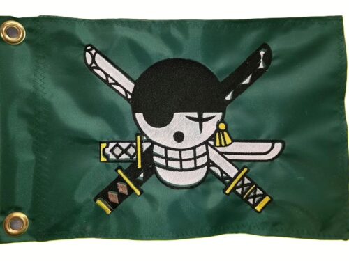 Green rectangle safety flag featuring a dense embroidered anime pirate skull with a black bandana and crossed samurai swords, with two heavy-duty brass mounting grommets