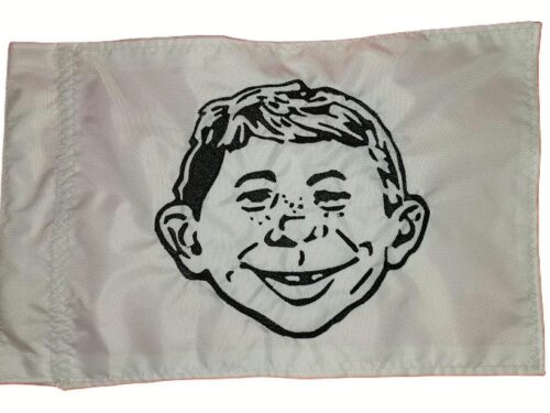 Alfred E. Neuman safety flag with dense embroidered gap-toothed cartoon portrait on nylon rectangle with whip sleeve