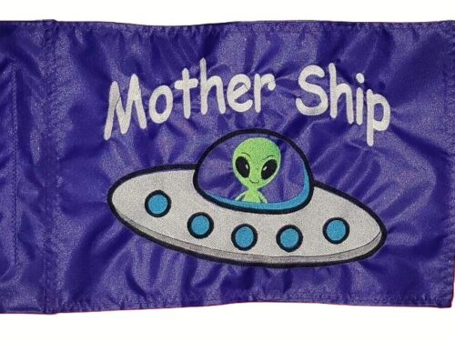 Alien Spaceship safety flag with green alien flying saucer and white Mother Ship text on purple nylon rectangle with whip sleeve