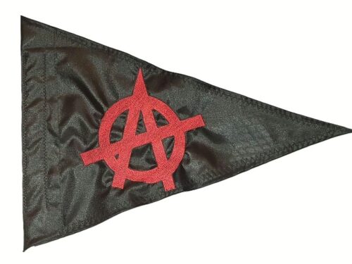 Anarchy symbol safety flag with dense embroidered red Circle-A logo on black nylon pennant with whip sleeve