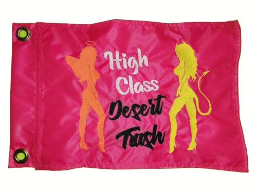 High Class Desert Trash safety flag with embroidered orange angel and yellow devil silhouettes on pink nylon rectangle with solid brass grommets