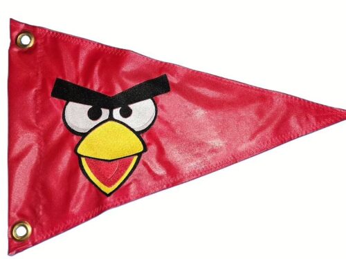 Angry Bird Red face safety flag with dense embroidered unibrow eyes and beak on nylon pennant with brass grommets