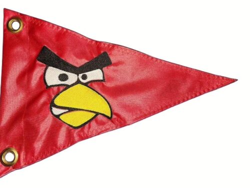 Angry Bird Red face safety flag with dense embroidered smirk expression and unibrow on nylon pennant with brass grommets
