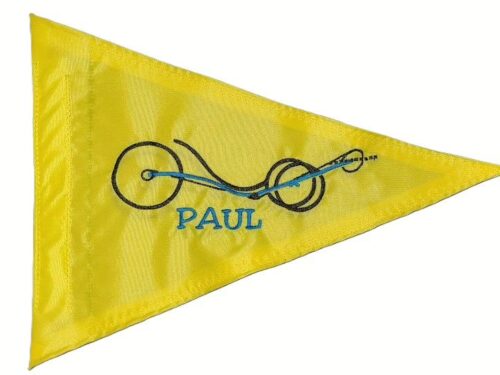 Artsy Recumbent Trike safety flag with embroidered frame outline and personalized name Paul on safety yellow nylon pennant with whip sleeve