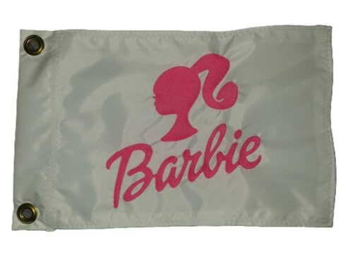 Barbie doll silhouette safety flag with dense embroidered ponytail head and cursive script on nylon rectangle with brass grommets