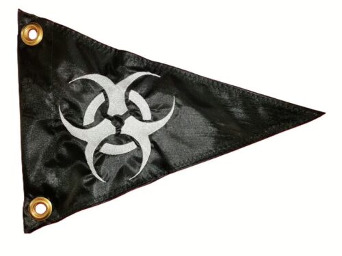 Black triangle pennant safety whip flag featuring a dense embroidered silver biohazard insignia with two heavy-duty brass mounting grommets