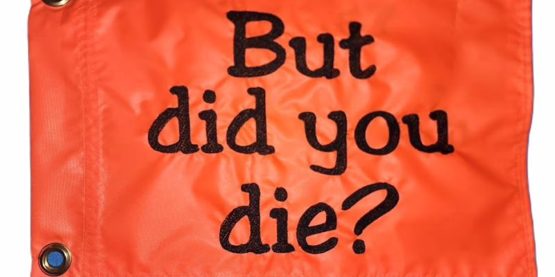 But Did You Die safety flag with double sided embroidery on high visibility orange nylon