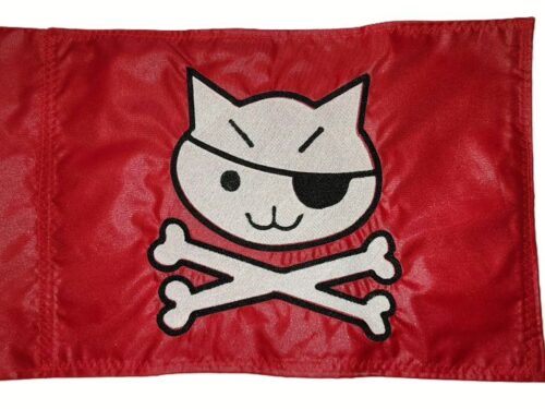 Captain kitty safety flag with dense embroidered white cat head featuring an eyepatch, angry eyebrows, and crossbones graphic on red nylon rectangle with whip sleeve