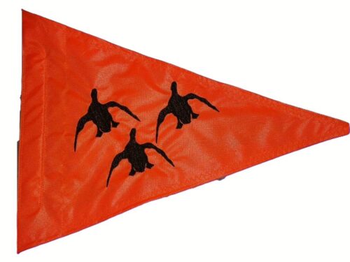 Fluorescent orange triangle safety whip flag featuring dense embroidered silhouettes of three flying mallard ducks on heavy-duty nylon with a reinforced whip pole sleeve
