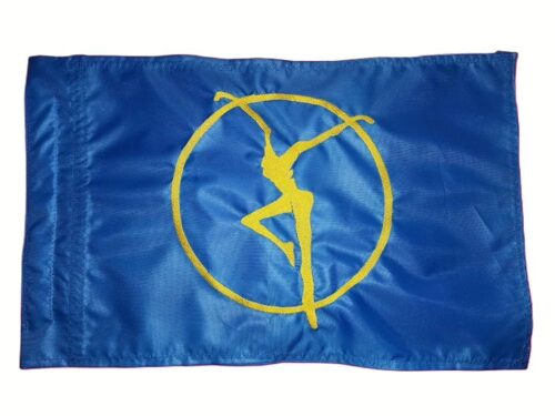Firedancer safety flag with dense embroidered yellow dancing figure logo on bright blue nylon rectangle with whip sleeve