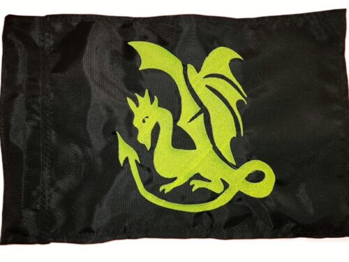 Medieval winged dragon safety flag with dense embroidered horned dragon silhouette on nylon rectangle with whip sleeve