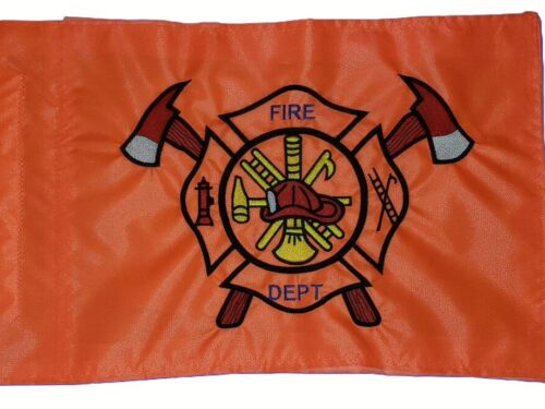 Fire Department safety flag with dense embroidered classic Maltese cross logo with crossed axes on orange nylon rectangle with whip sleeve