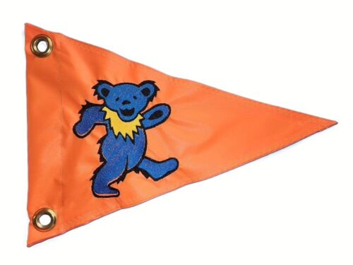 Grateful Dead dancing bear safety flag with embroidered solid blue dancing bear on safety orange nylon pennant with brass grommets