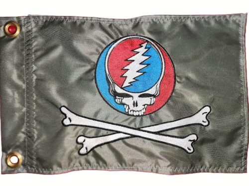 Grateful Dead skull and crossbones safety flag with embroidered red and blue Steal Your Face skull over crossed bones on titanium gray nylon rectangle with brass grommets