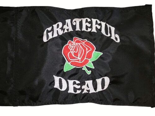 Grateful Dead rose safety flag with embroidered red rose and white arched text on black nylon rectangle with whip sleeve