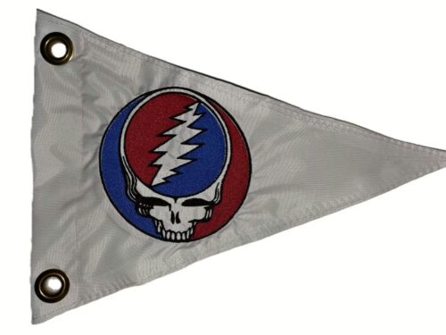 Steal Your Face safety flag with red and blue embroidered lightning bolt skull on white nylon pennant with brass grommets