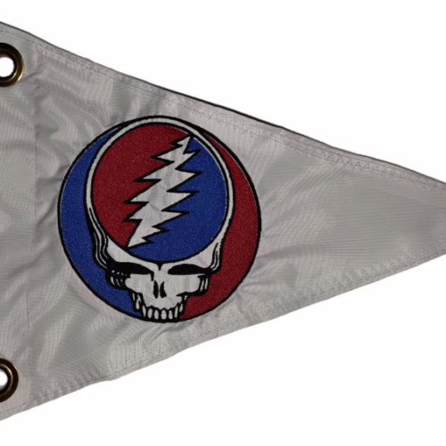 Steal Your Face safety flag with red and blue embroidered lightning bolt skull on white nylon pennant with brass grommets