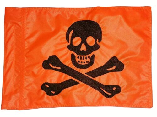 Happy go lucky safety flag with dense embroidered black smiling skull and crossbones graphic on orange nylon rectangle with whip sleeve