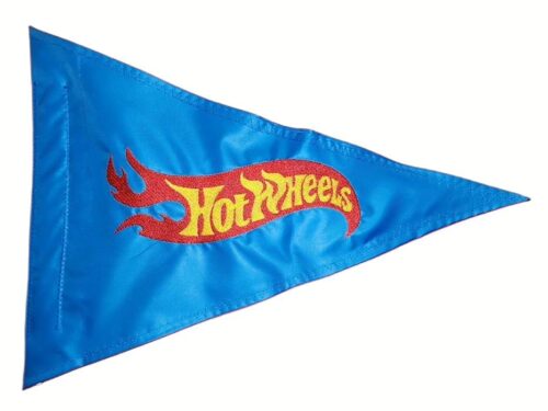 Hot Wheels safety flag with double sided embroidery on durable bright blue nylon