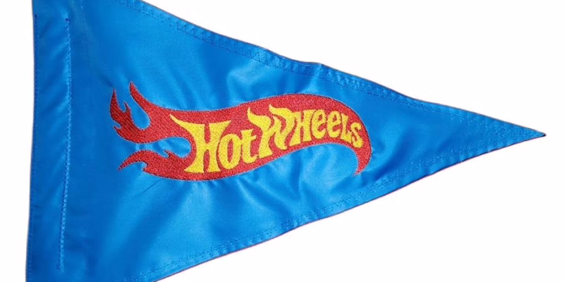 Hot Wheels safety flag with double sided embroidery on durable bright blue nylon
