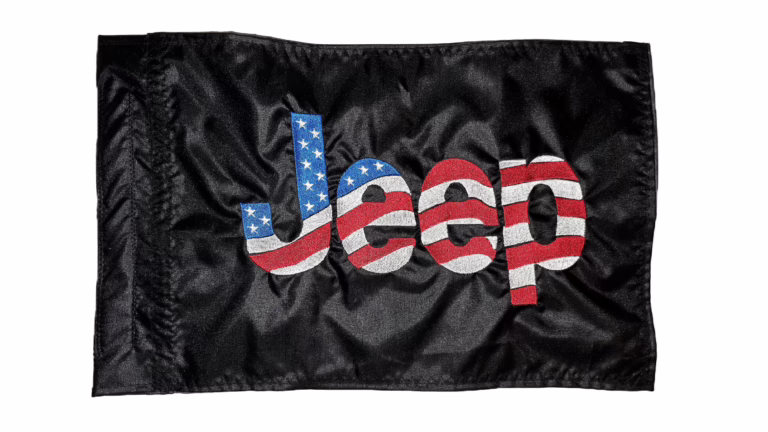 Jeep safety flag with embroidered American flag stars and stripes lettering on black nylon rectangle with whip sleeve