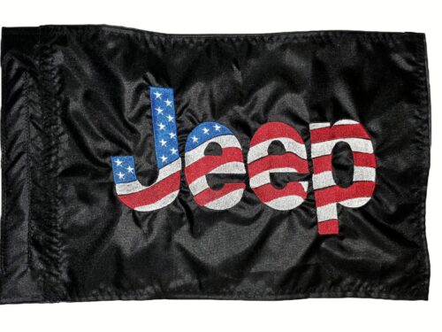 Jeep safety flag with embroidered American flag stars and stripes lettering on black nylon rectangle with whip sleeve