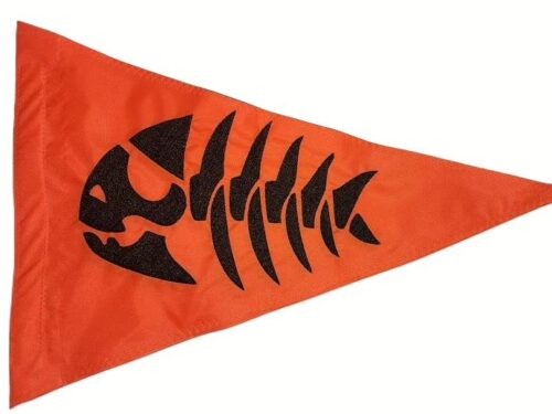 Fishbone safety flag with black embroidered fish skeleton on blaze orange nylon pennant with whip sleeve
