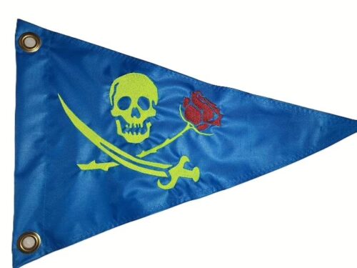 Pirate skull cutlass rose safety flag with embroidered lime skull, crossed cutlass sword, and red rose on bright blue nylon pennant with brass grommets