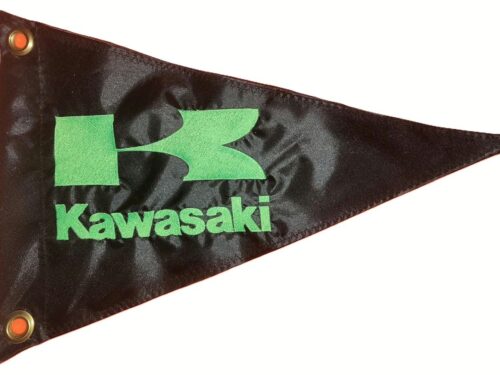 Kawasaki safety flag with embroidered fluorescent green K logo and text on black nylon pennant with brass grommets