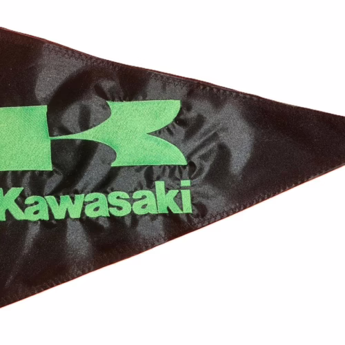 Kawasaki safety flag with embroidered fluorescent green K logo and text on black nylon pennant with brass grommets
