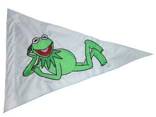 Green frog safety flag with double sided green lounging frog embroidery on white nylon pennant