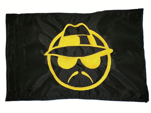 Lowrider Man safety flag with dense embroidered yellow fedora face logo on black nylon rectangle with whip sleeve