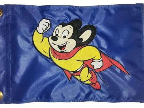 Mighty Mouse safety flag with dense embroidered flying cartoon superhero mouse on nylon rectangle with brass grommets