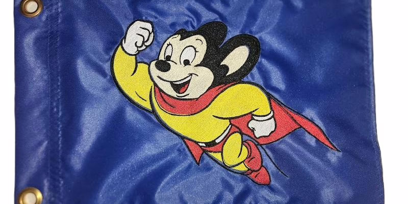 Mighty Mouse safety flag with dense embroidered flying cartoon superhero mouse on nylon rectangle with brass grommets