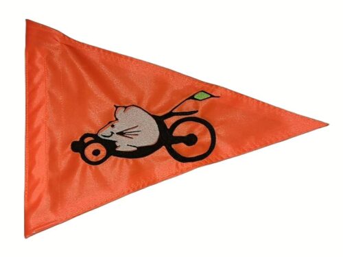 Recumbent Mouse safety flag with embroidered silver mouse pedaling a recumbent bike on bright orange nylon pennant with whip sleeve