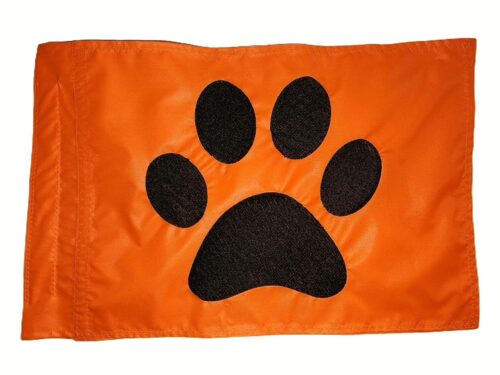 Paw print safety flag with dense embroidered black animal paw print on vibrant orange nylon rectangle with whip sleeve