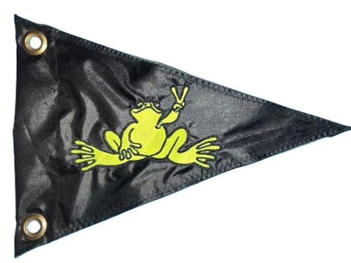 Peace Sign Frog safety flag with lime squeeze green embroidered frog flashing peace sign on black nylon pennant