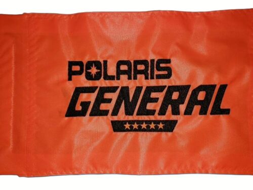 Polaris General safety flag with embroidered black lettering and five-star bar on orange nylon rectangle with whip sleeve